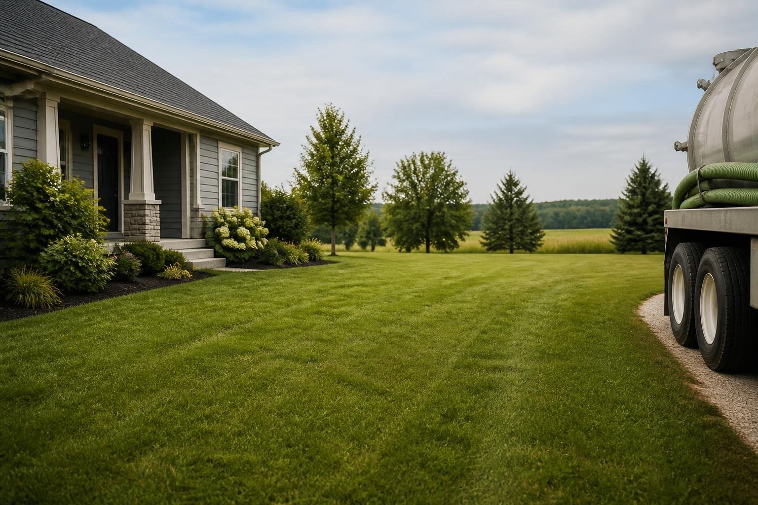Clean septic service scene beside a restored residential yard.